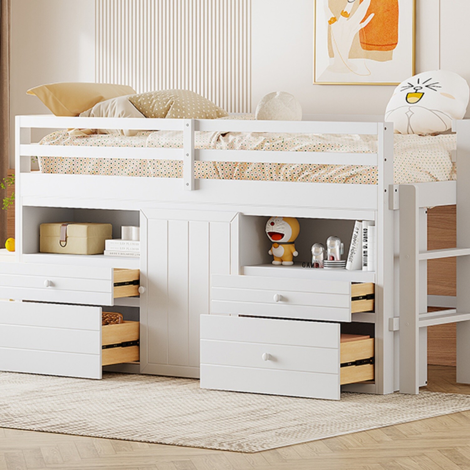 Twin Size Wood Loft Bed Frame w/ Drawers & Shelves & Cabinet White/Gray/Espresso