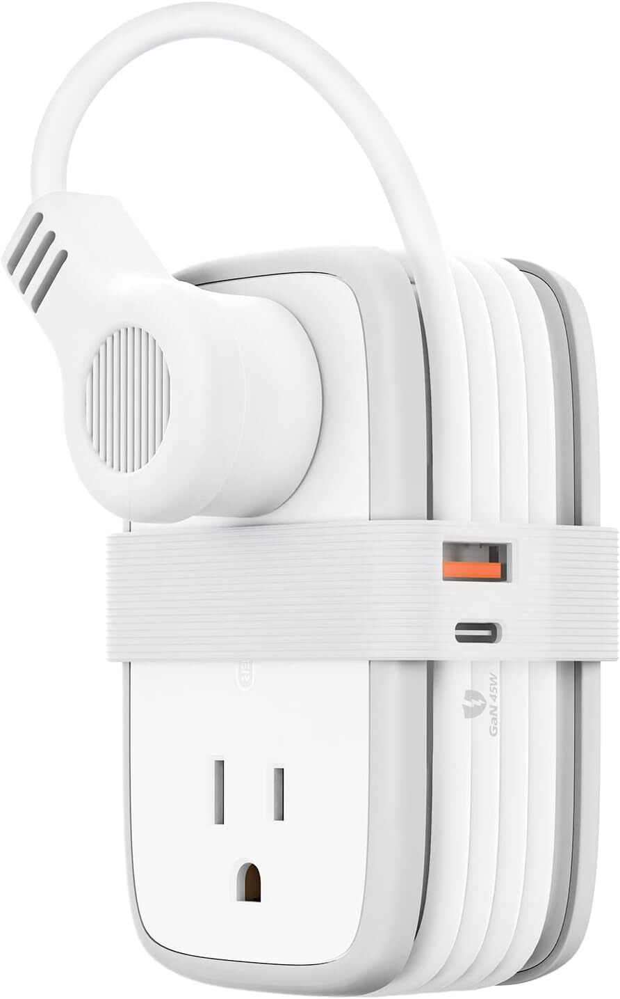 Travel Power Strip with GaN 45W USB C Ports 4 Wide-Spaced Outlets 4ft Cord White