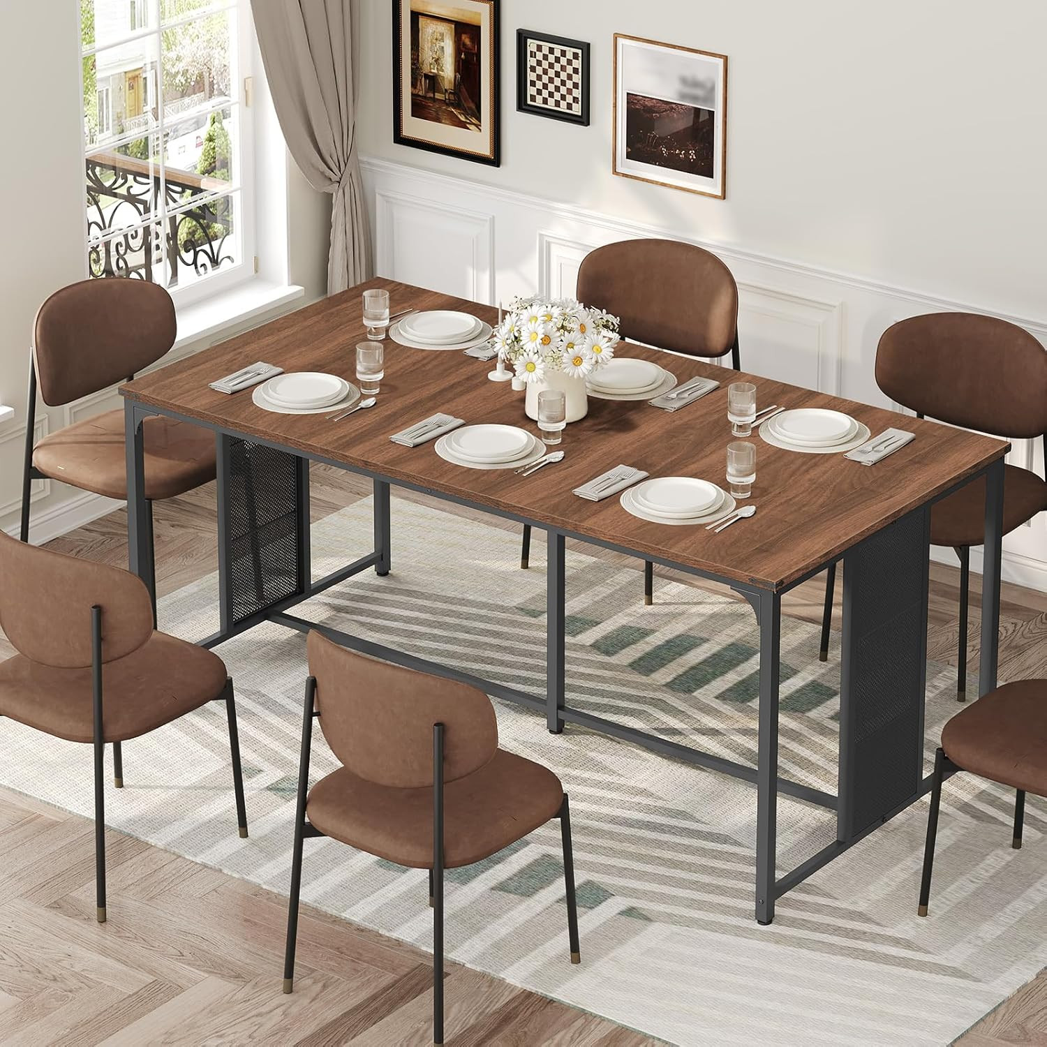 Industrial Wooden Dining Table for 6-8, 63" Walnut & Black, Adjustable Feet