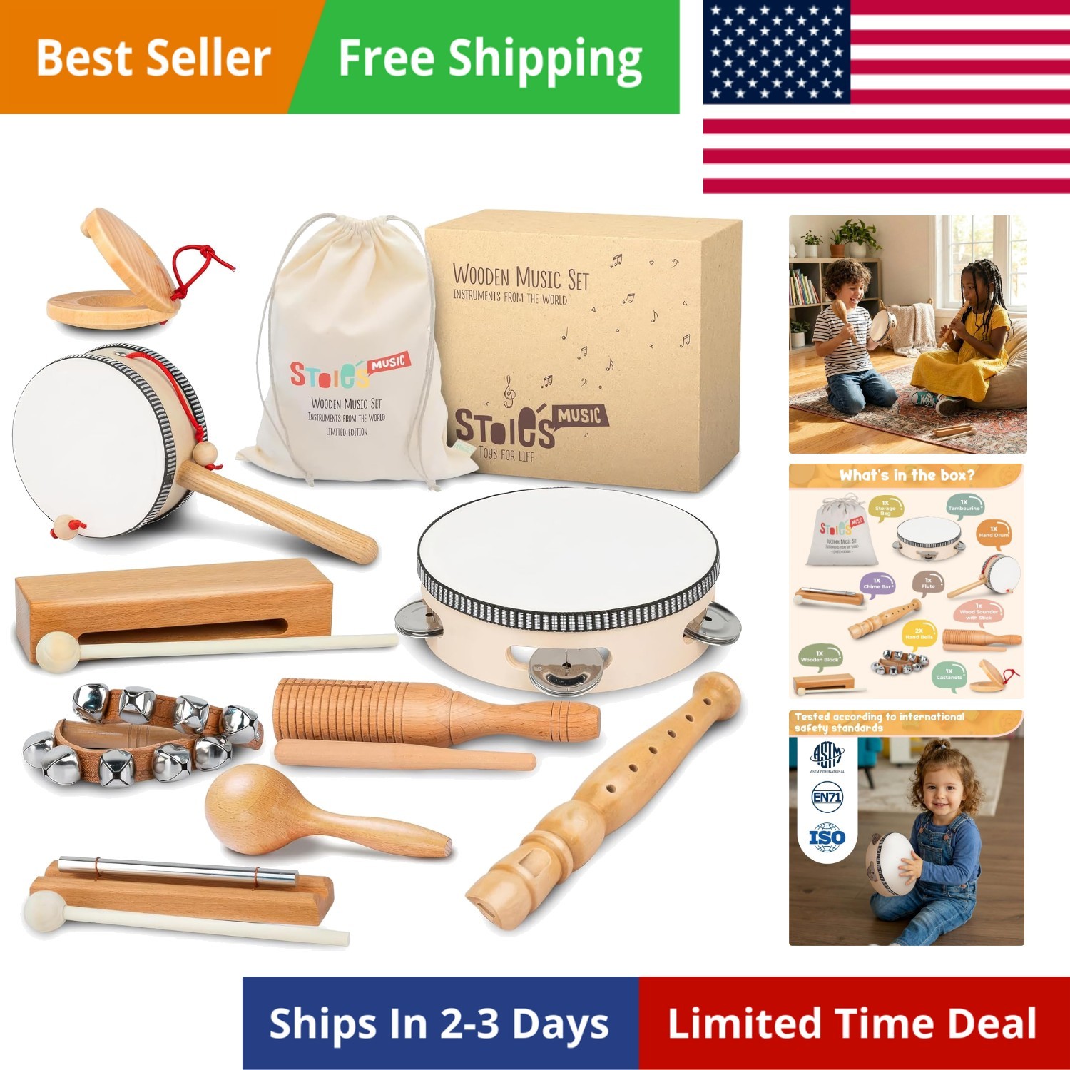 Wooden Toddler Musical Instruments with Drum, Hand Bells, Flute, Maracas, Cas...
