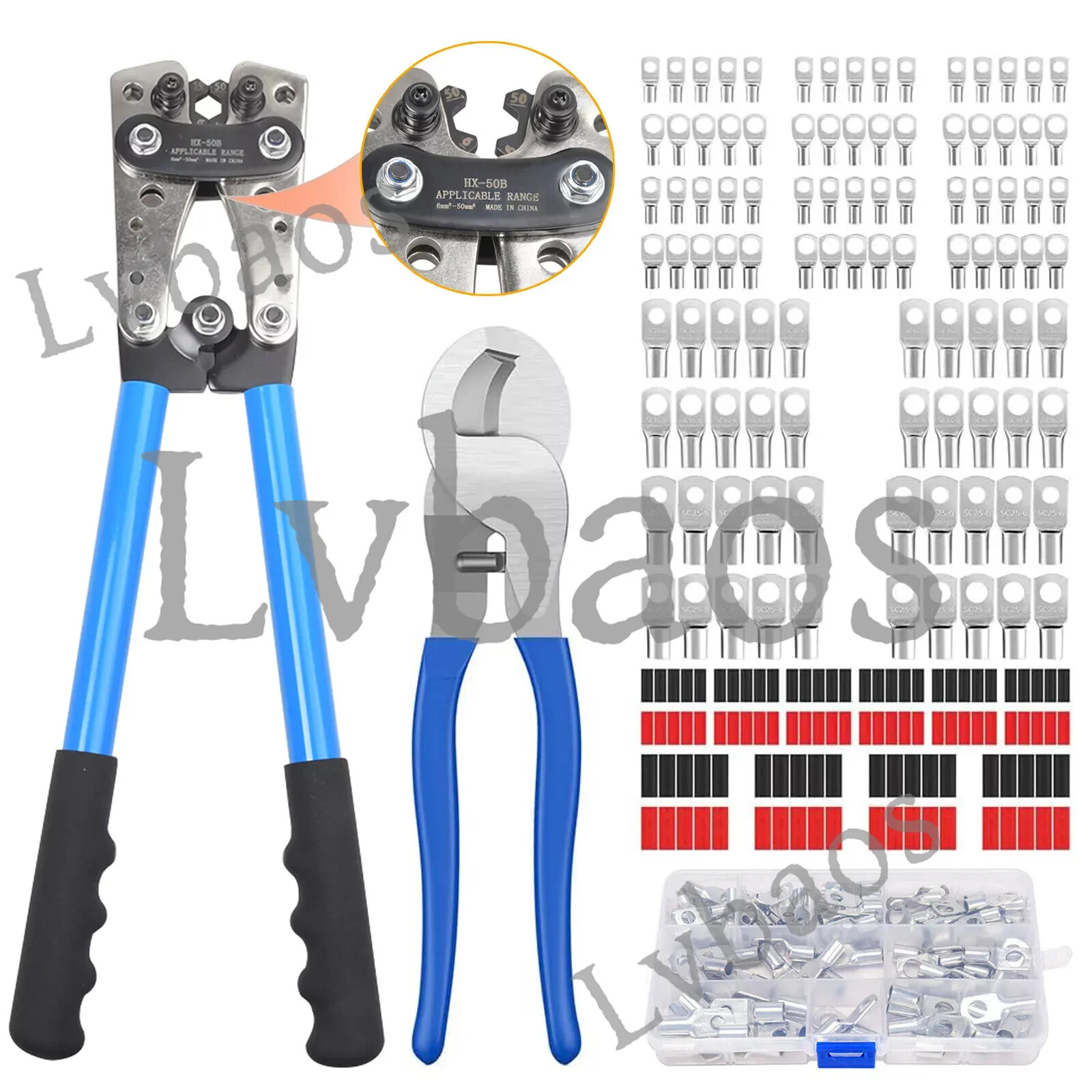 Battery Cable Lug Crimping Tool Wire Crimper 10-0AWG + Wire cutter+100 Ring Lugs