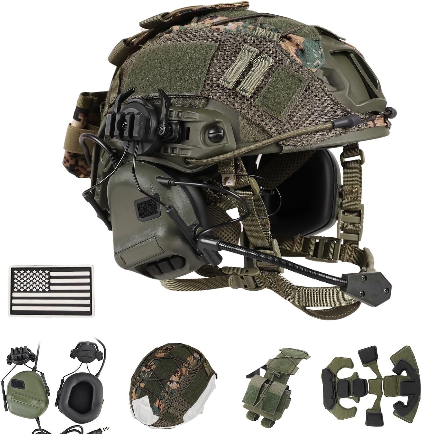Tactical Helmet with Headset 4in1 Adjustable Cover Airsoft Mic Compatible