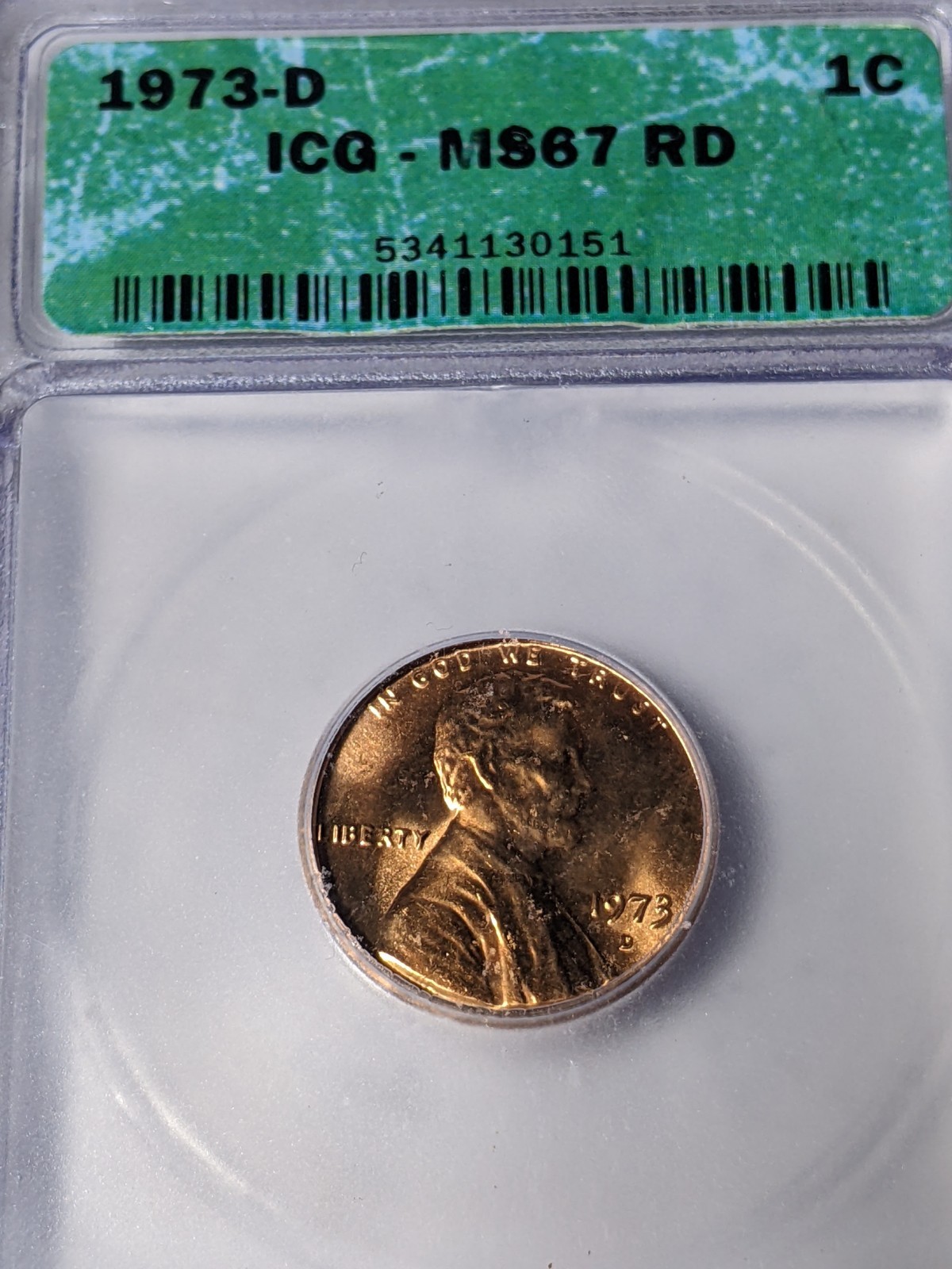 1973D ICG MS67 Red High Grade LINCOLN CENT