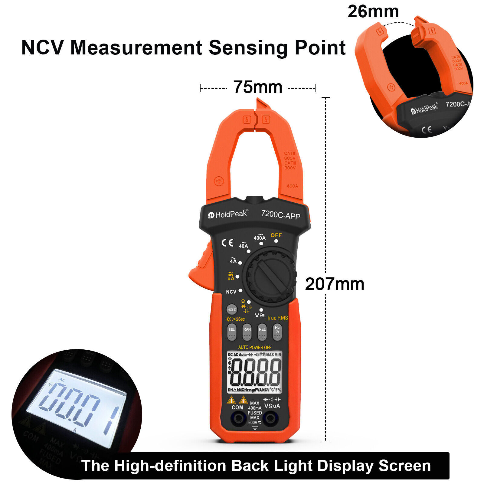 Digital TRMS Clamp Meter 600V AC/DC 400A 40MΩ 26mm 4000C Data Hold Backlight