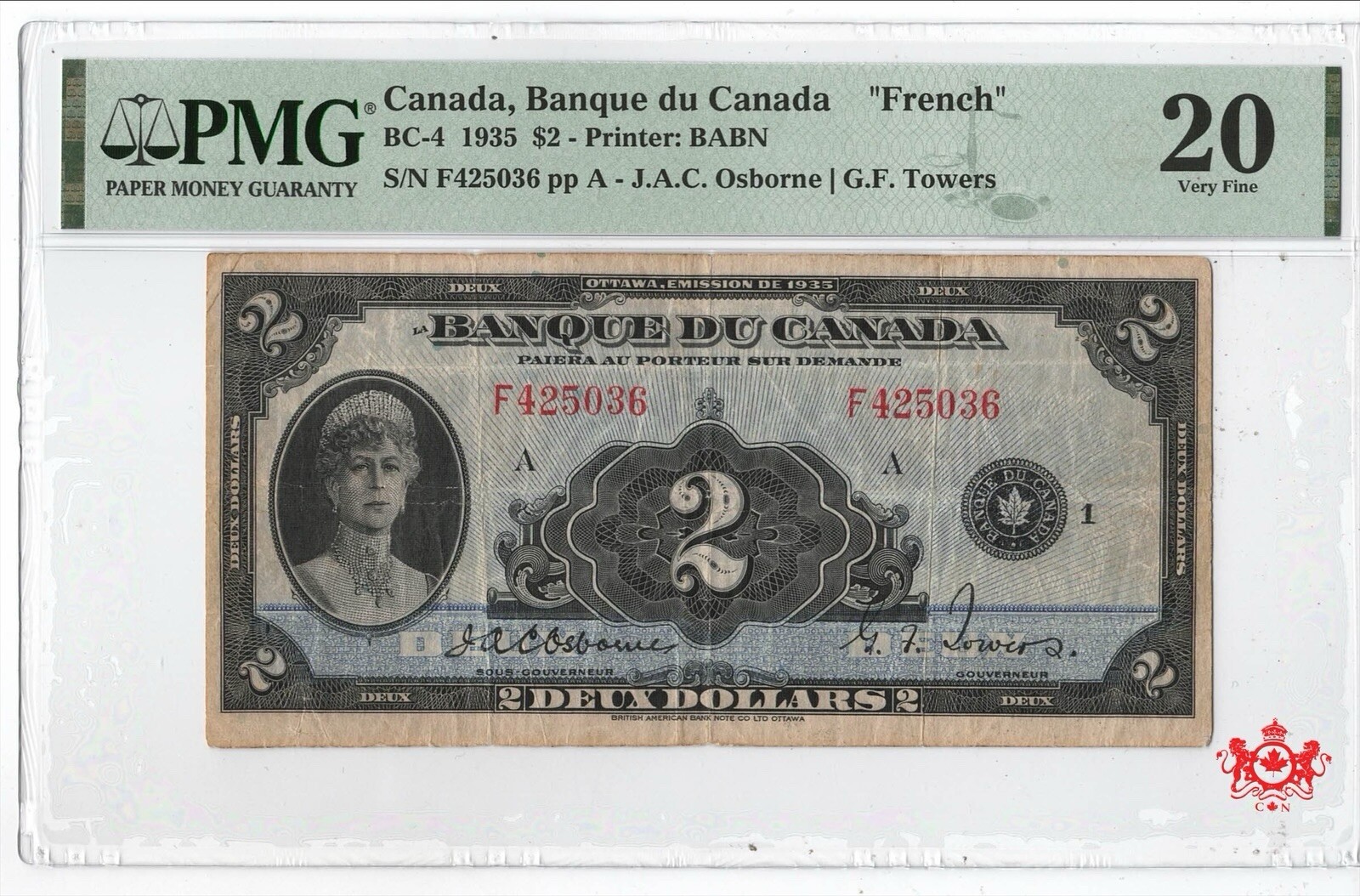 1935 Bank Of Canada 2$ French F425036 - PMG VF20 -