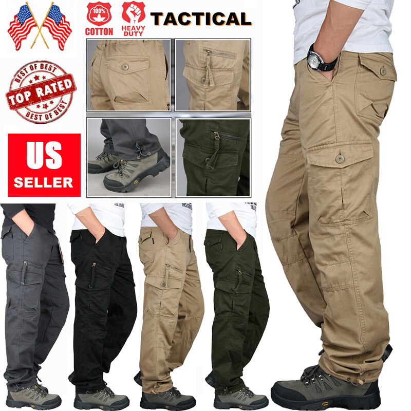 US Men's Cargo Pants 100% Cotton Work Pant Elastic Waist Trousers Outdoor Pants