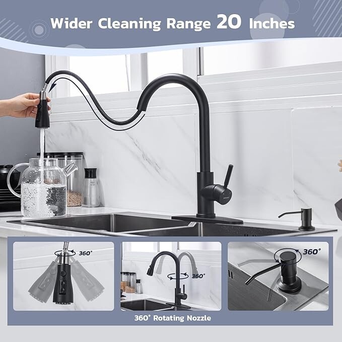 Pull Down Sprayer Kitchen Faucet with 10''Deck Plate &Soap Dispenser Matte Black