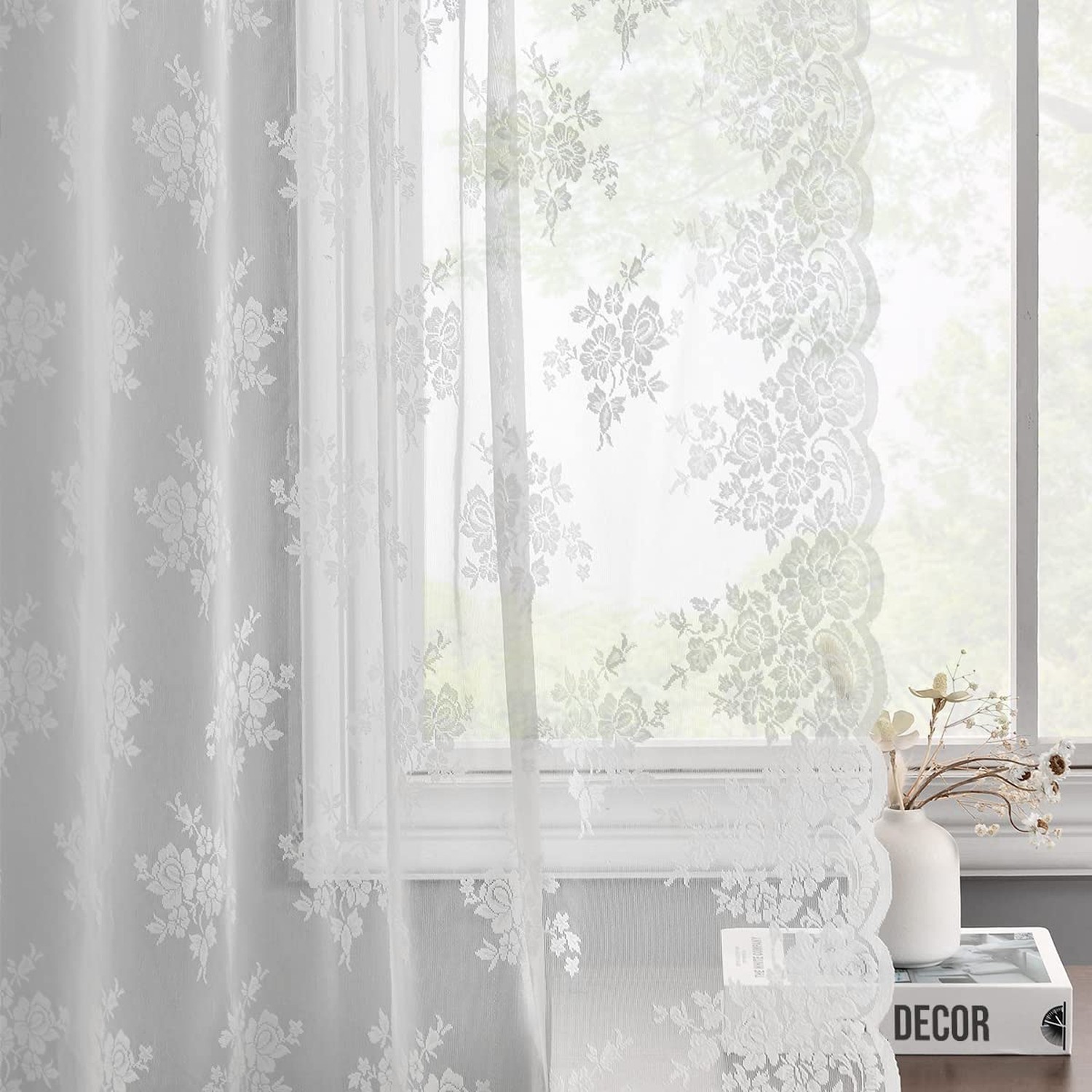 Kotile White Lace Curtains 63 Inch Length 2 Panels, Country Floral Embroidere...
