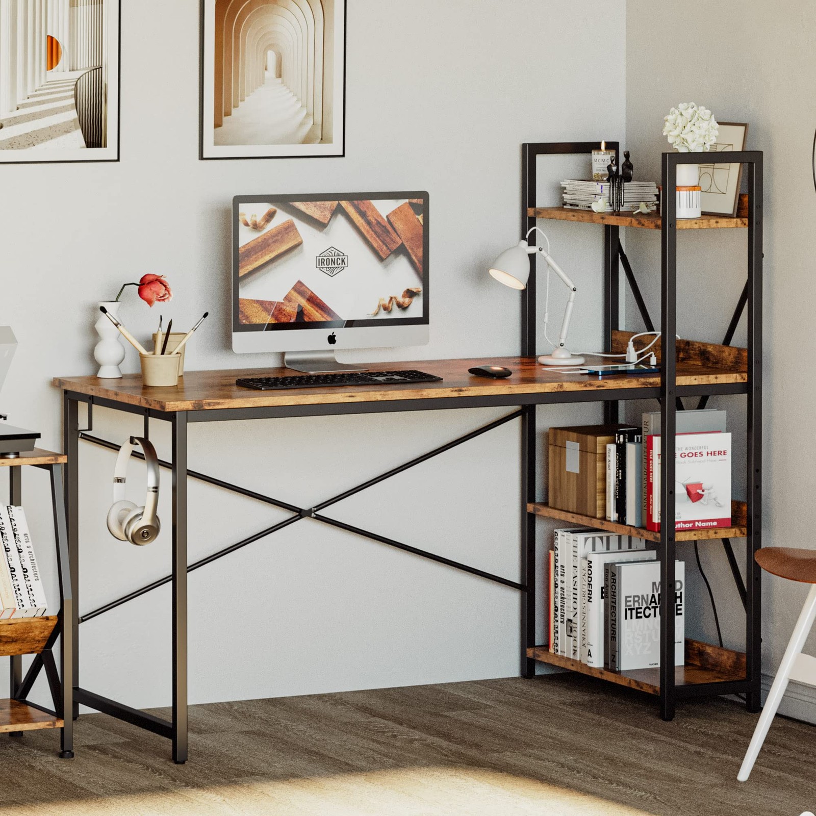 Computer Desk 55" with Power Outlet and Storage Shelves,Rustic Brown