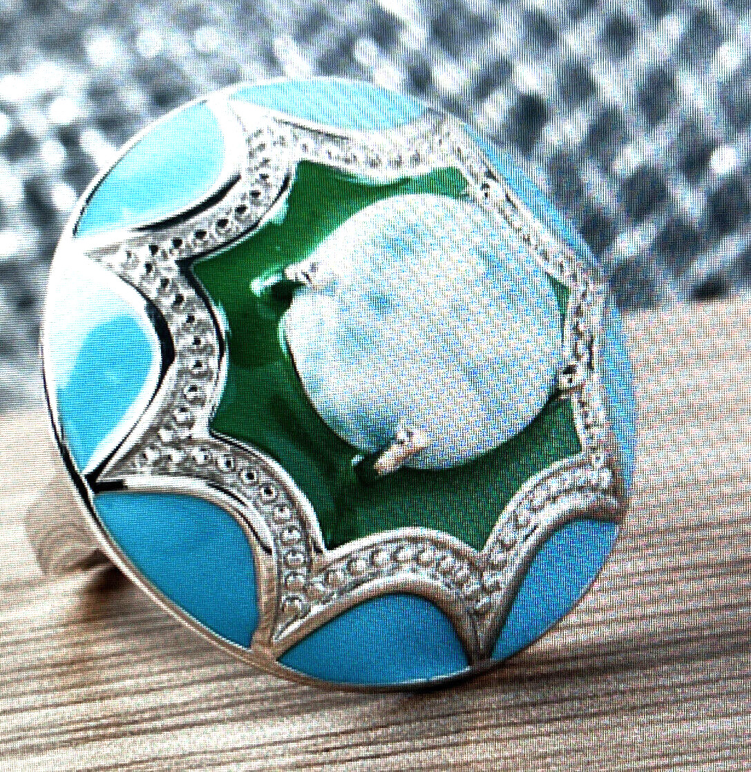 Larimar and Enameled Flower Ring 7 Platinum Over Sterling Silver 8.80 Grams 3.9