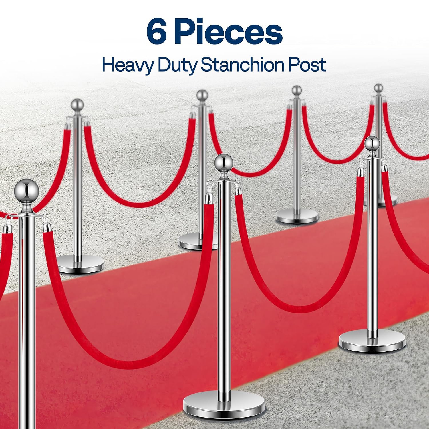 6PCS Stanchion Post Set with 4 Velvet Ropes Crowd Control Barriers Queue Posts
