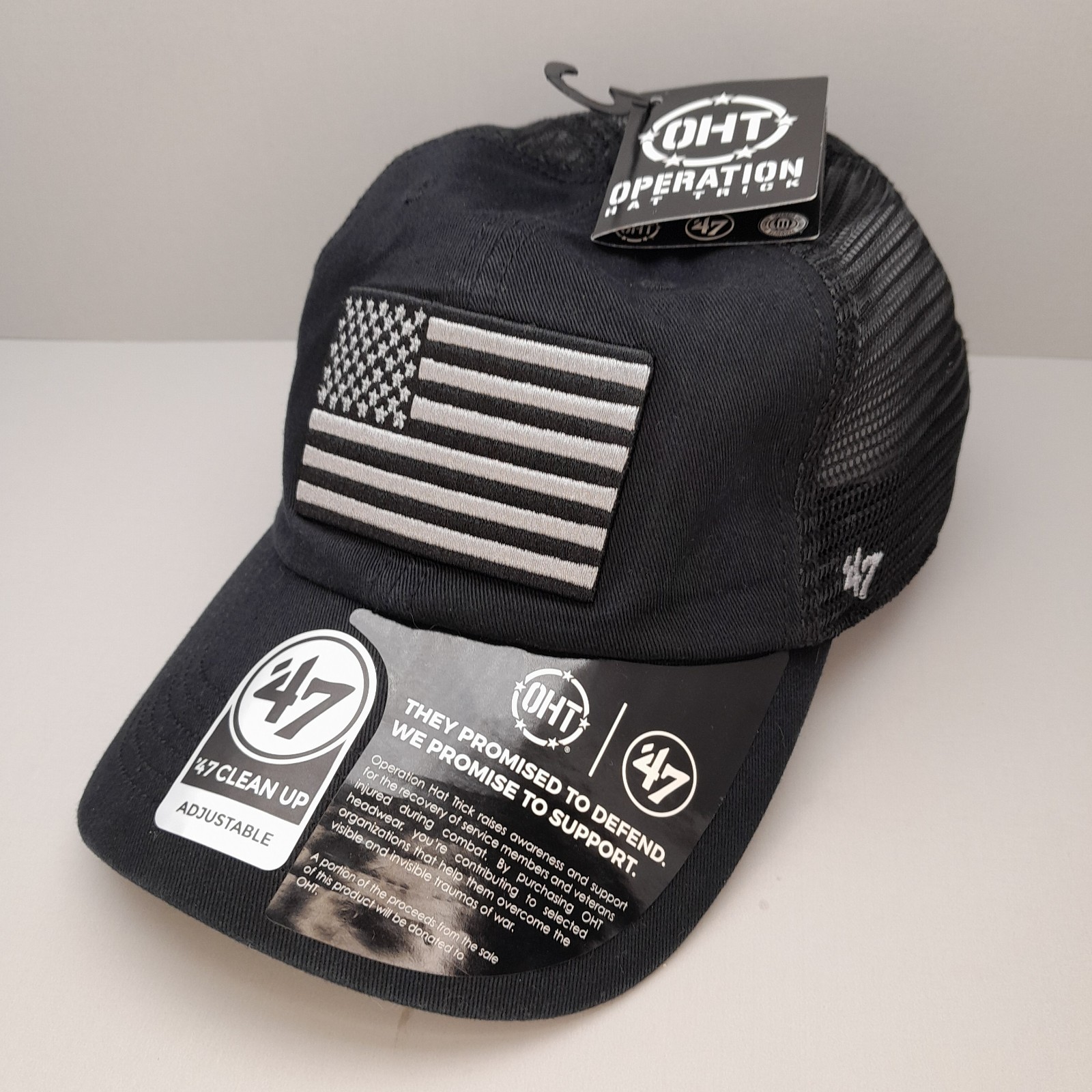 Operation Hat Trick OHT ‘47 Clean Up Hat USA Flag Black Mesh Adjustable Cap NWT