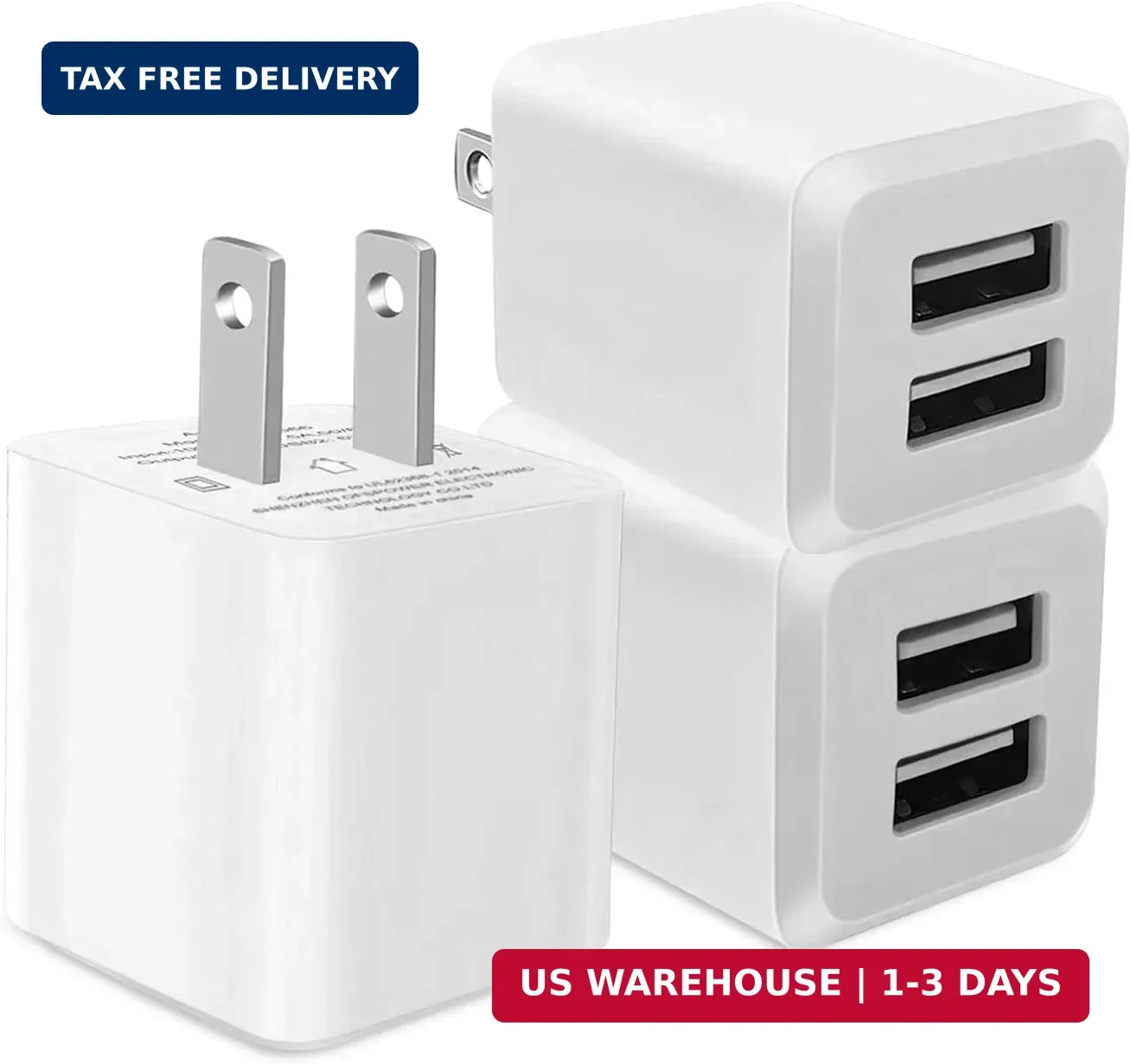 3- Pack, USB Wall Charger, Dual Port USB Cube Power Adapter Charger Plug Block C