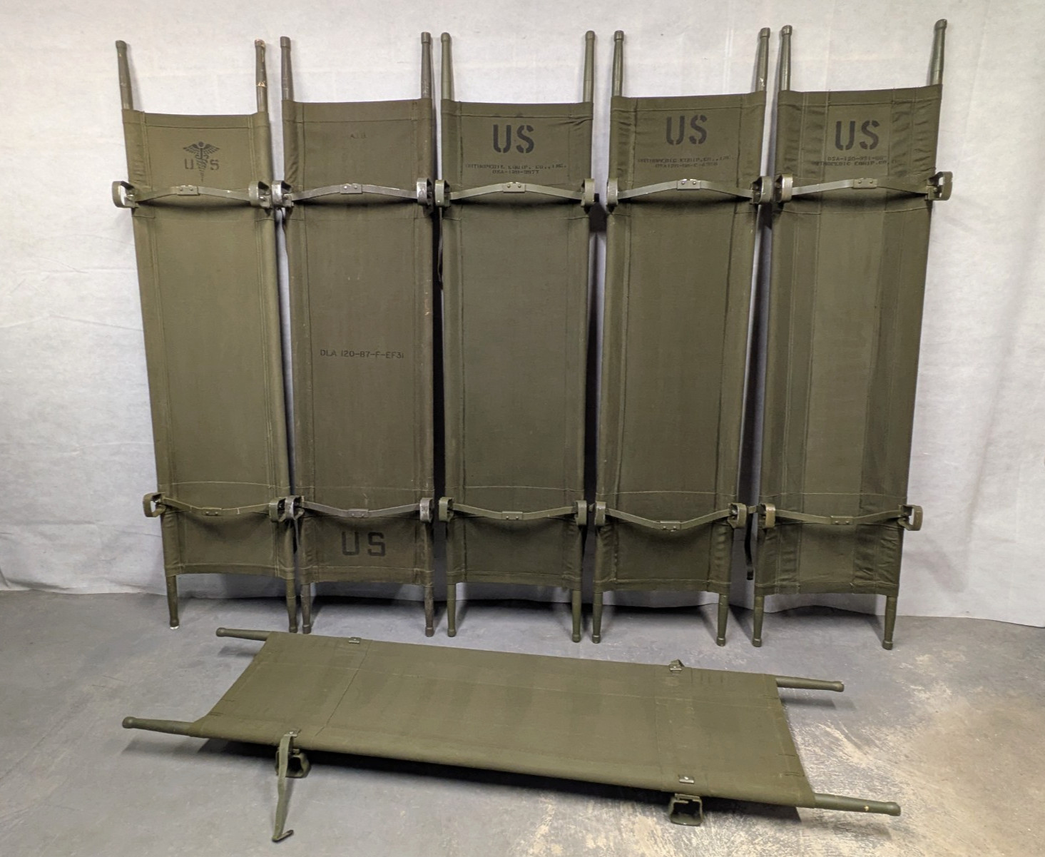 US Army - Military - Heavy Duty Vintage Canvas Folding Wooden Stretcher