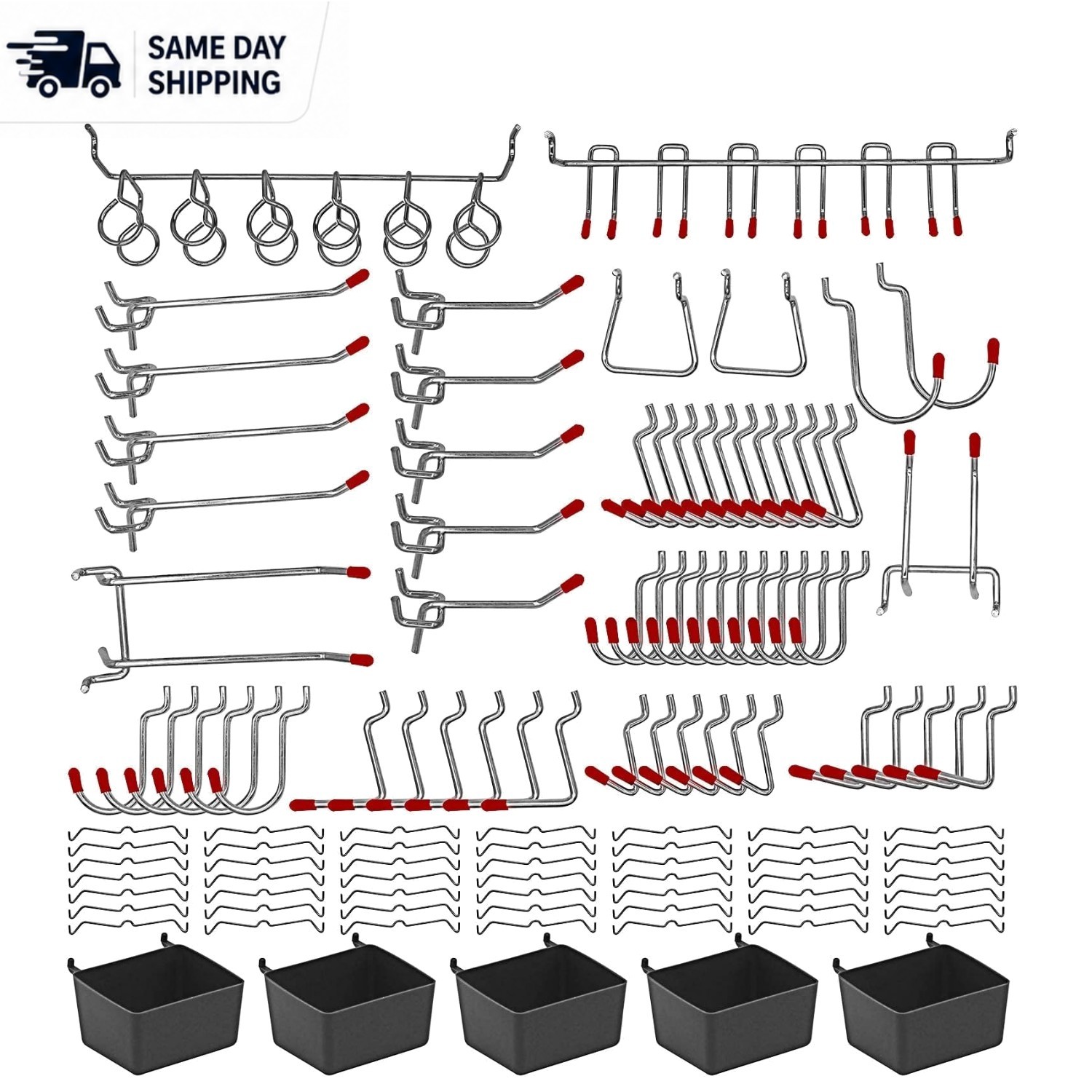 Complete Pegboard Hooks Assortment - 114 Metal Hooks & Bins for Storage