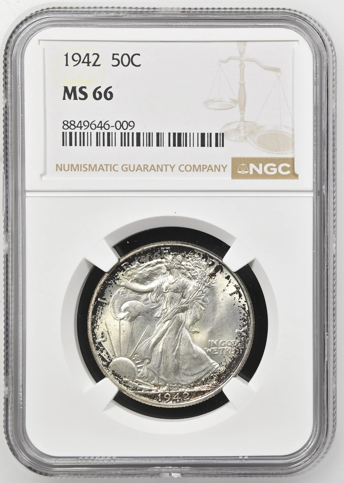 1942 Walking Liberty Half Dollar NGC MS-66 PQ TONED