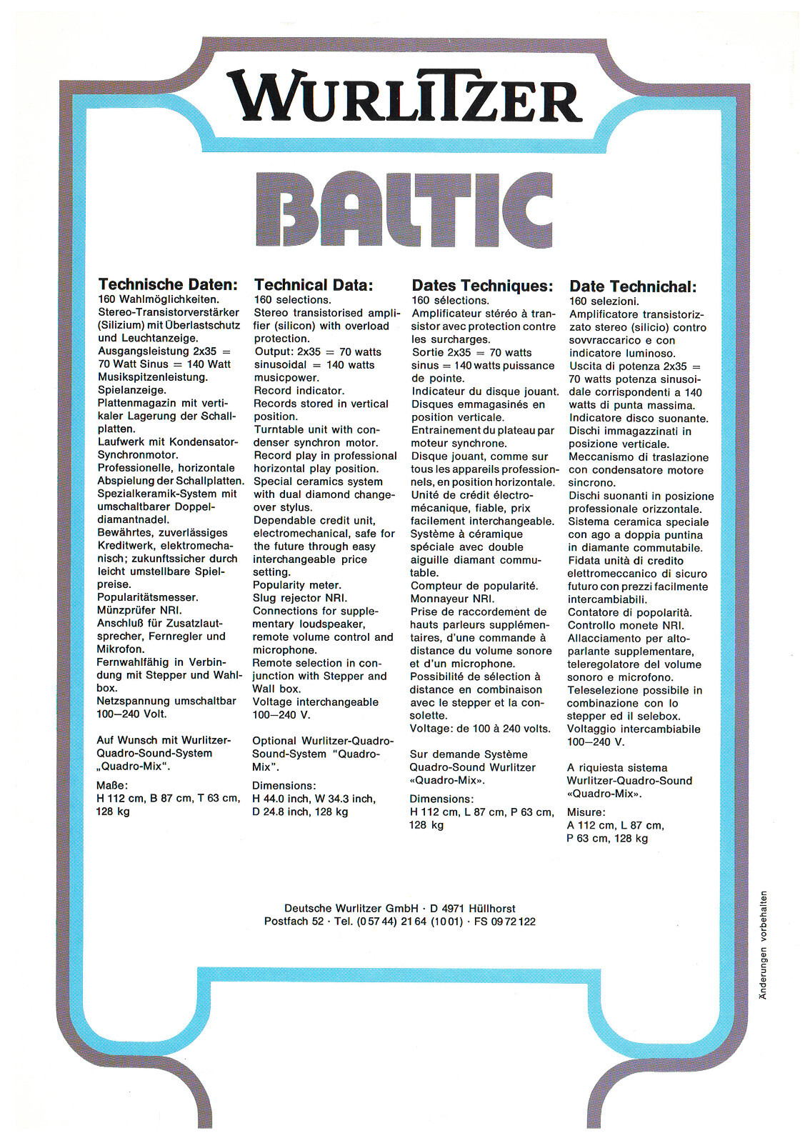 Baltic Wurlitzer Jukebox Arcade Flyer / Brochure / Ad