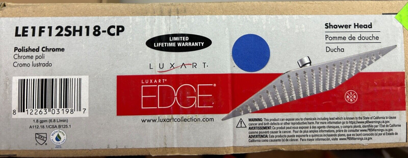 Luxart LE1F12SH18-CP Edge 12" Rectangular Showerhead Polished Chrome