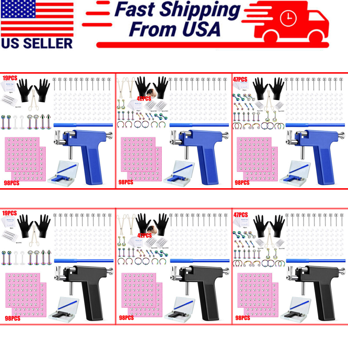 47-148Pc Body Piercing Gun Steel Ear Lip Tongue Nose Navel Nipple Rings Tool Kit