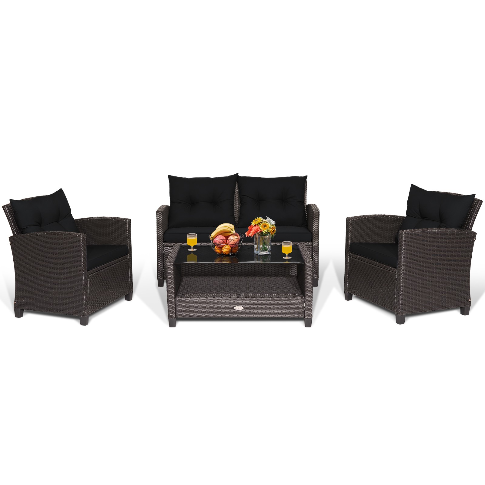 8 PCS Patio Rattan Furniture Set w/ Ergonomic Armrests & Soft Back Cushions