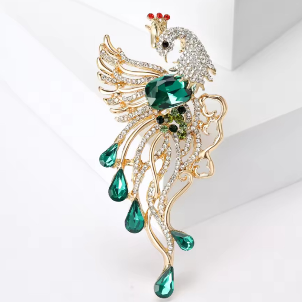 Luxury Green Crystal Phoenix Brooch Pin Elegant Women’s Statement Jewelry Gift
