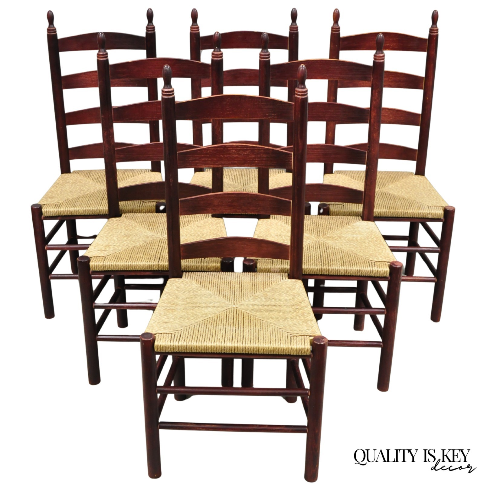 Primitive Rustic Ladder Back Woven Rush Seat Dining Side Chairs - Set of 6