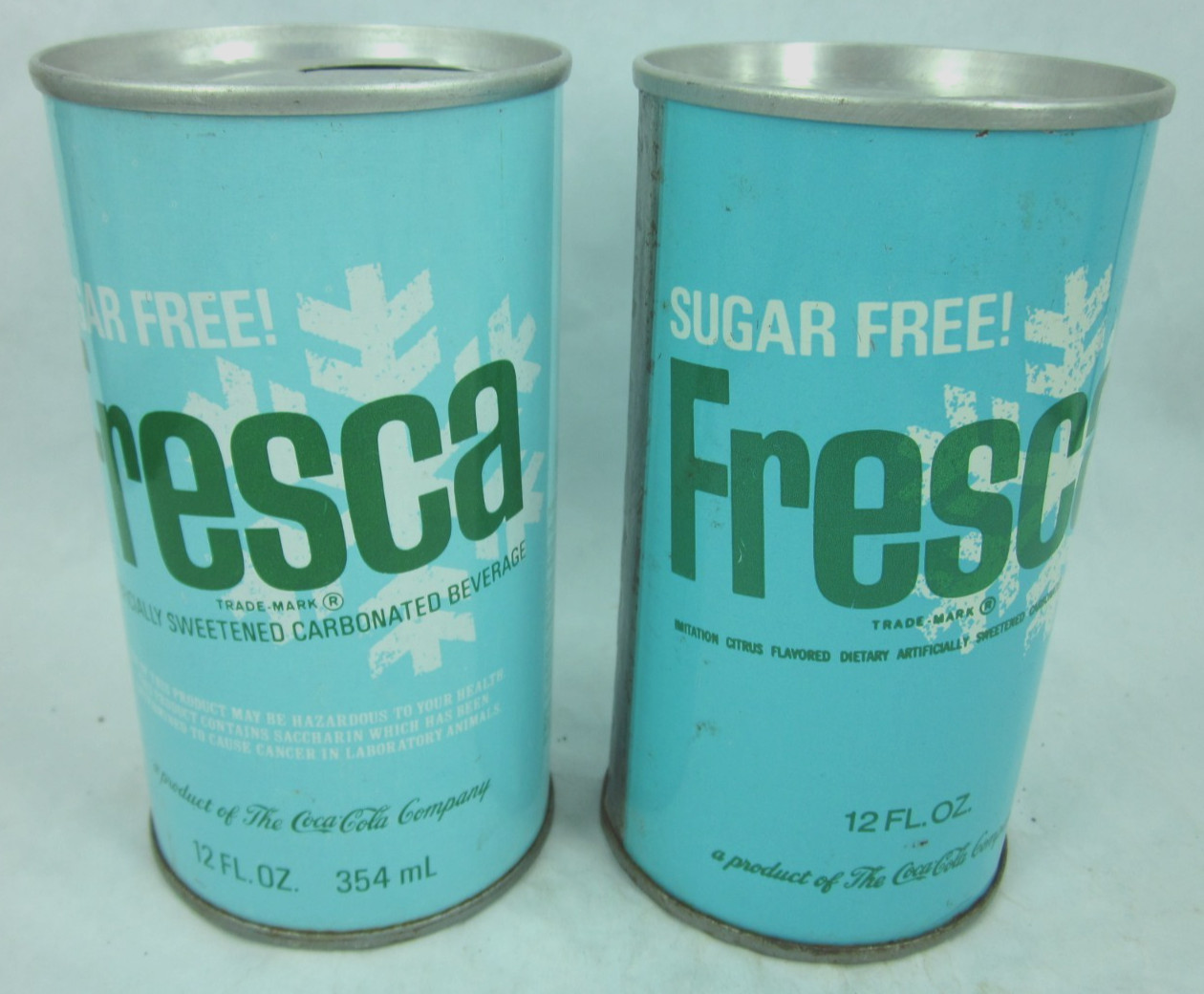 2 diff Fresca SUGAR FREE straight steel soda pop cans by Coca Cola Mattoon IL