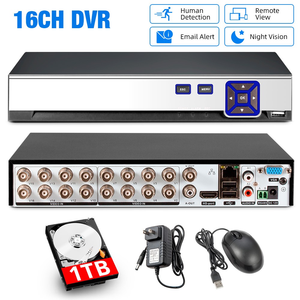 16CH 5-in-1 Multi-format Camera DVR Recorder Preloaded 1TB Surveillance Disk