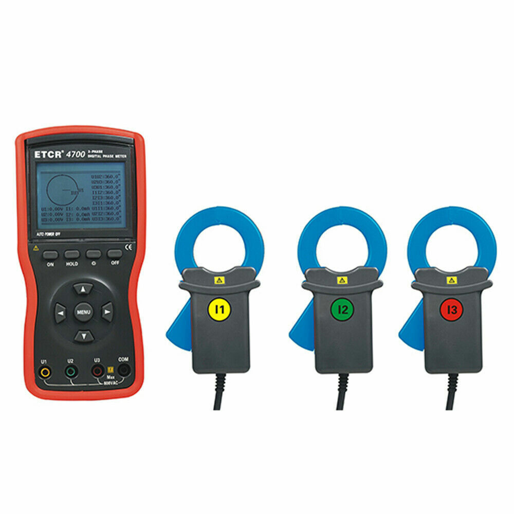 Three phase Digital Phase Voltmeter Clamp Meter 600V 600A 360° Current Detector