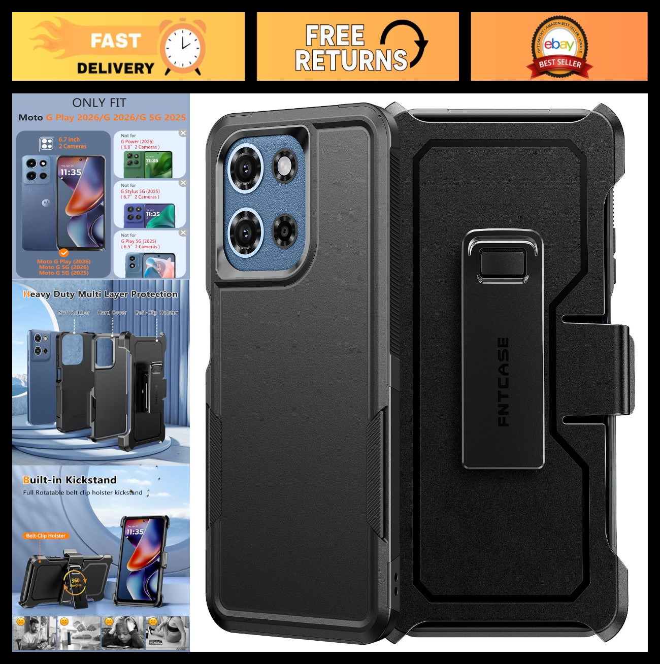 Heavy Duty Moto G Play 2026/2025 Case - Rugged Shockproof Cover with Belt Clip &