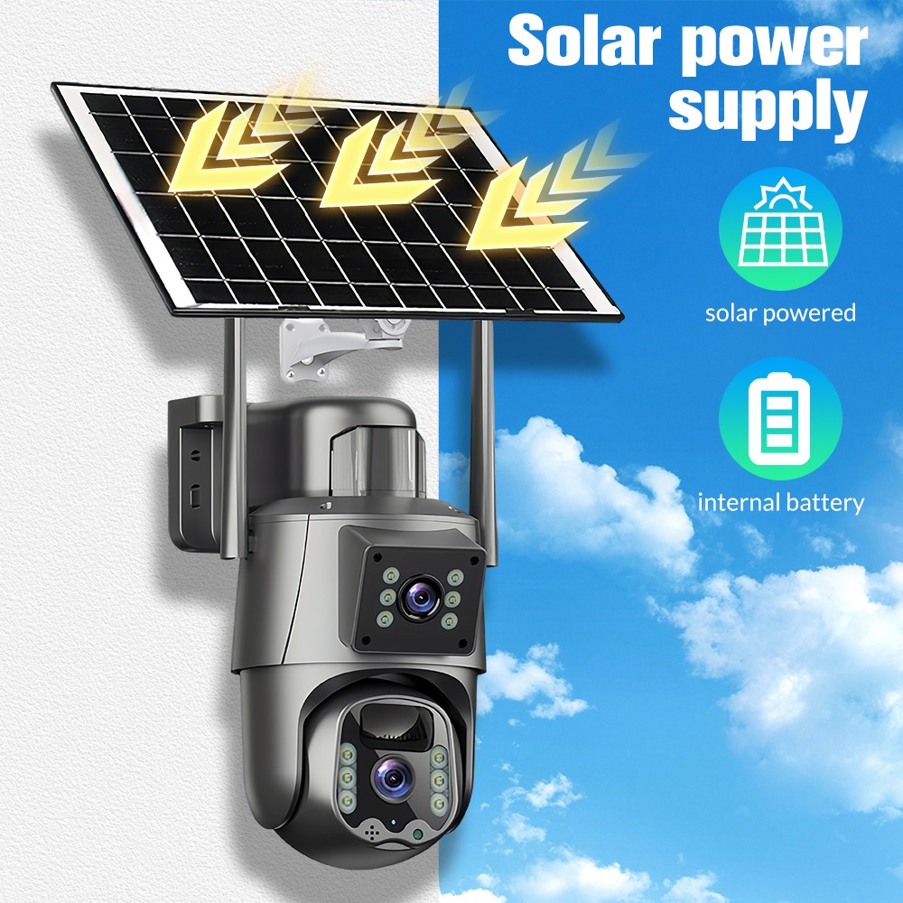 4+4MP Solar Battery Powered Wireless WiFi Outdoor Pan/Tilt Home Security Camera