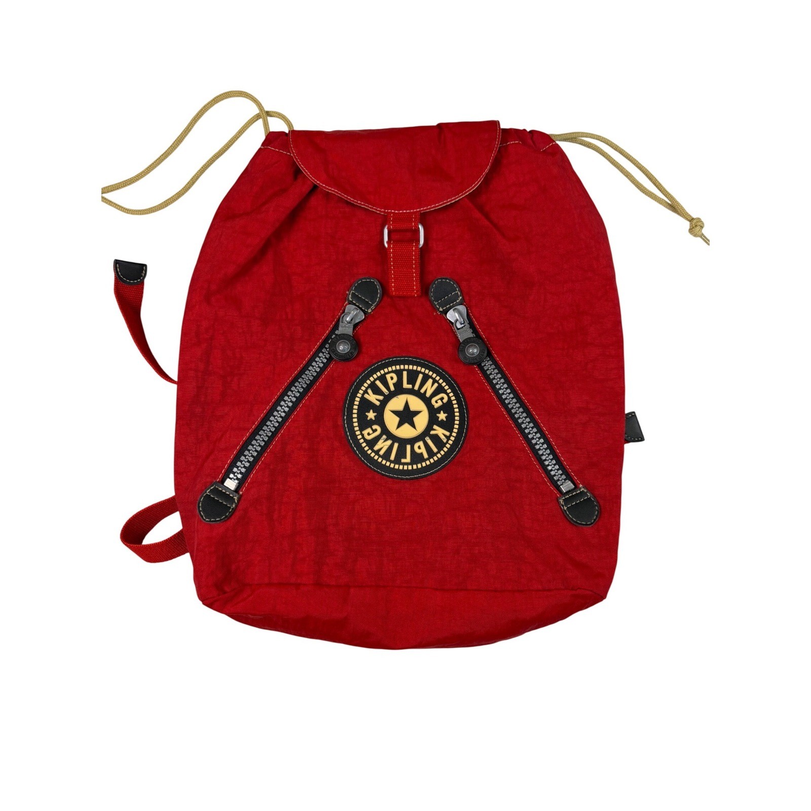 Vintage Kipling Red Drawstring Backpack Rucksack Front Zip Pockets