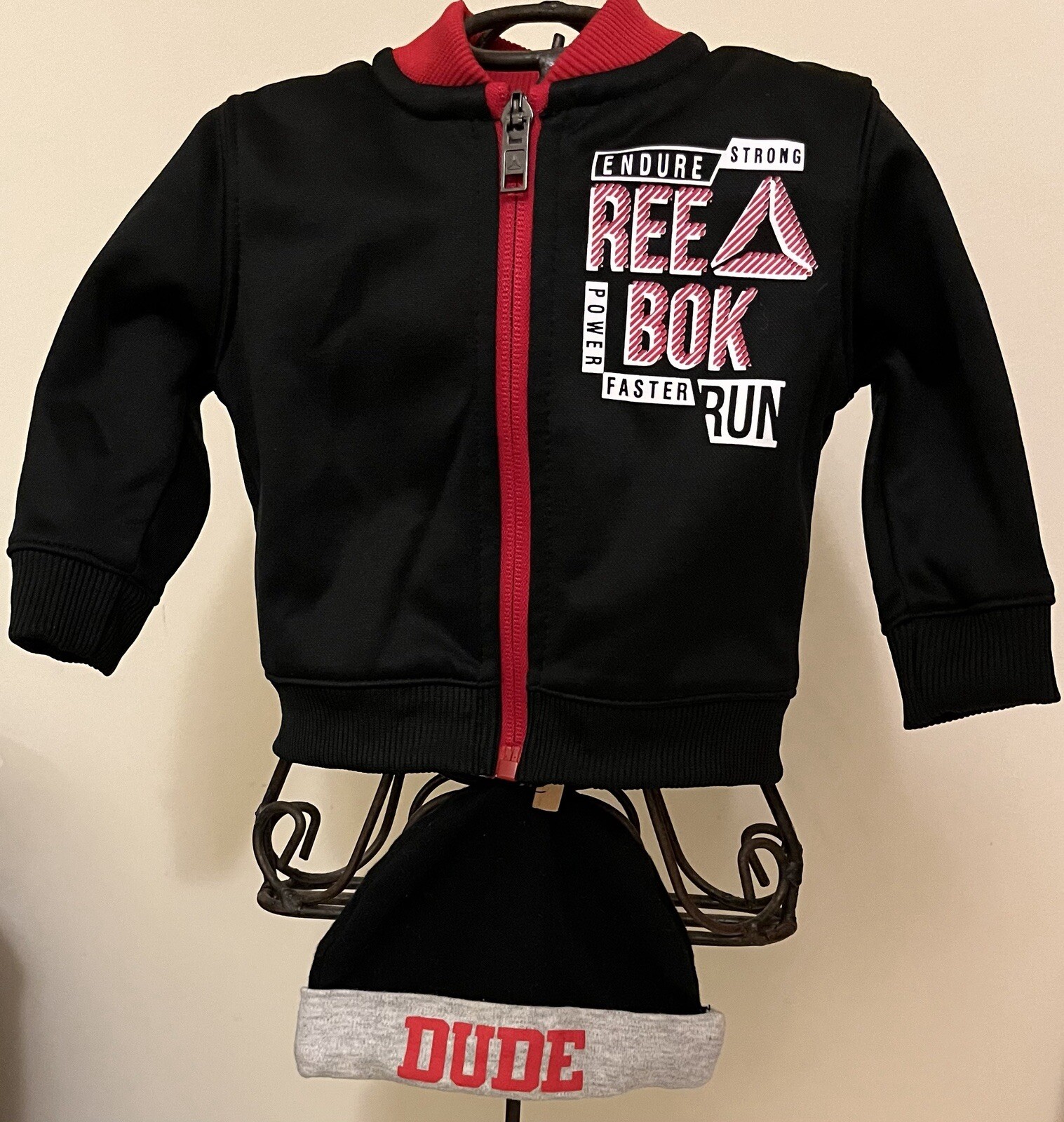 REDUCED! Reebock Baby 0-3 Months  Zip Black Jacket + “Dude” Cap 0-6 M EUC