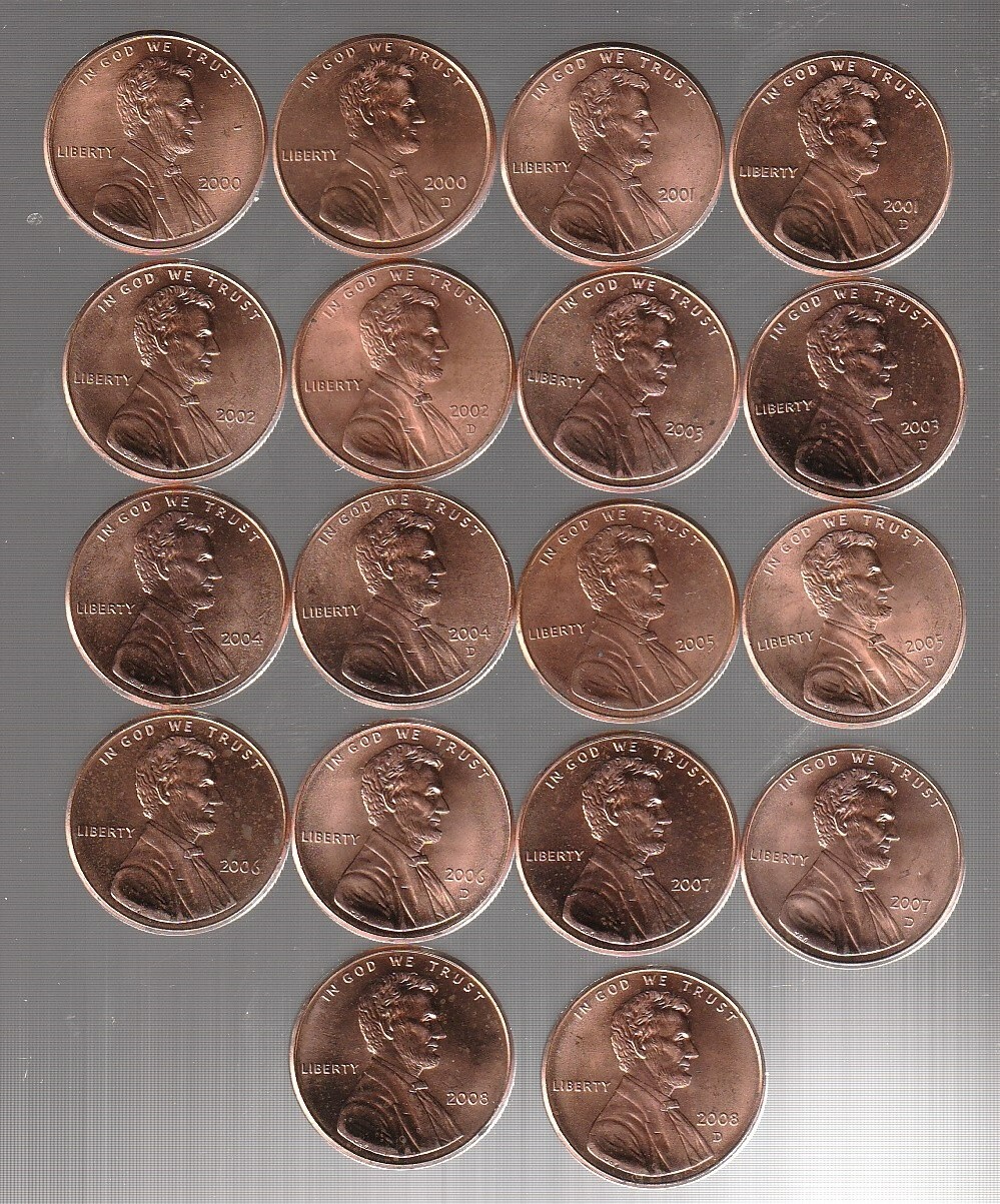 2000  thru  2008 P&D  -tough to get-  UNCIRCULATED  18  pc  CENT  SET - RS COINS