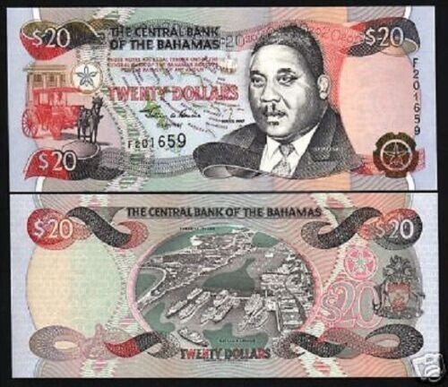 Bahamas 20 DOLLAR P-65 1997 Bahamian SHIP Horse Carriage UNC Rare World Currency