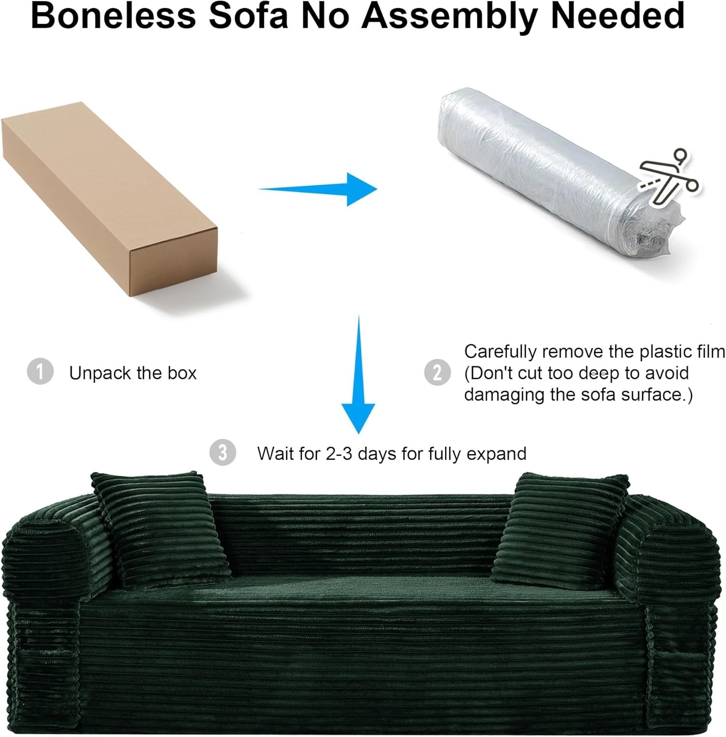 Boneless Convertible Couch Corduroy Sofa with 2 Pillows + Removable Backrest