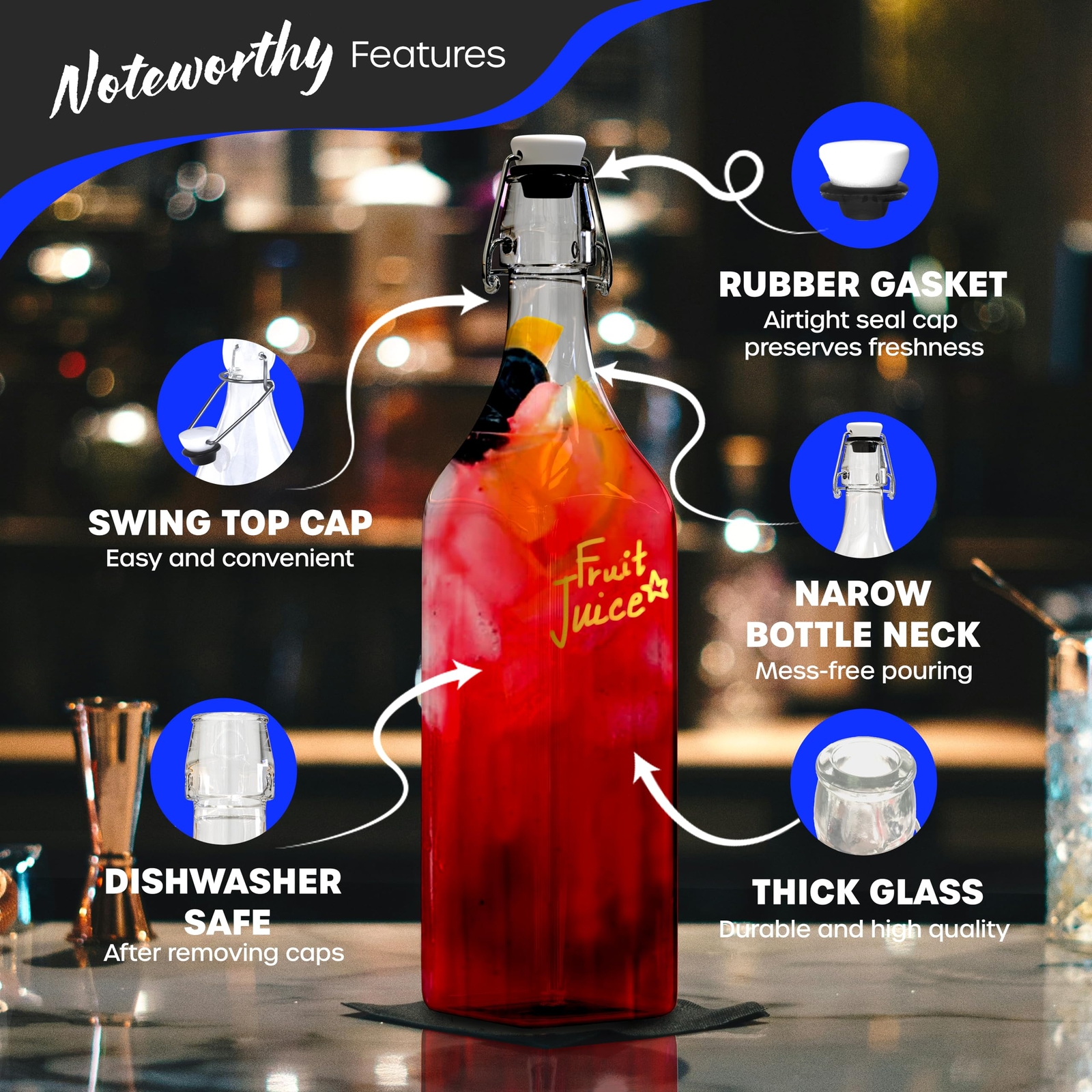 6 Pk 33 Oz Swing Top Glass Bottles | 1 Liter Clear Glass Water Bottles | Glass B