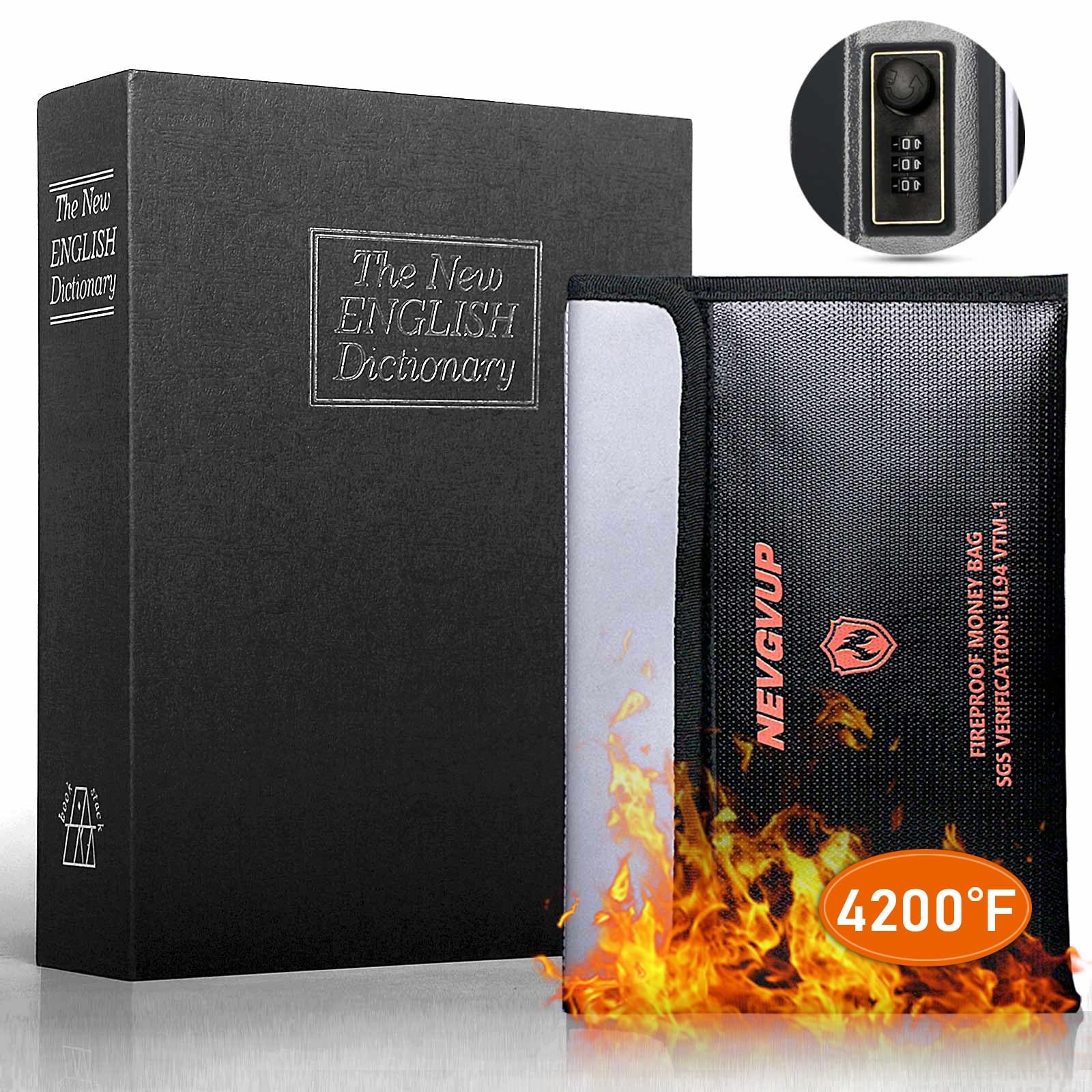 Diversion Book Safe 4200F Fireproof Money Bag Combo Lock 10.5x7.9x2.5 In