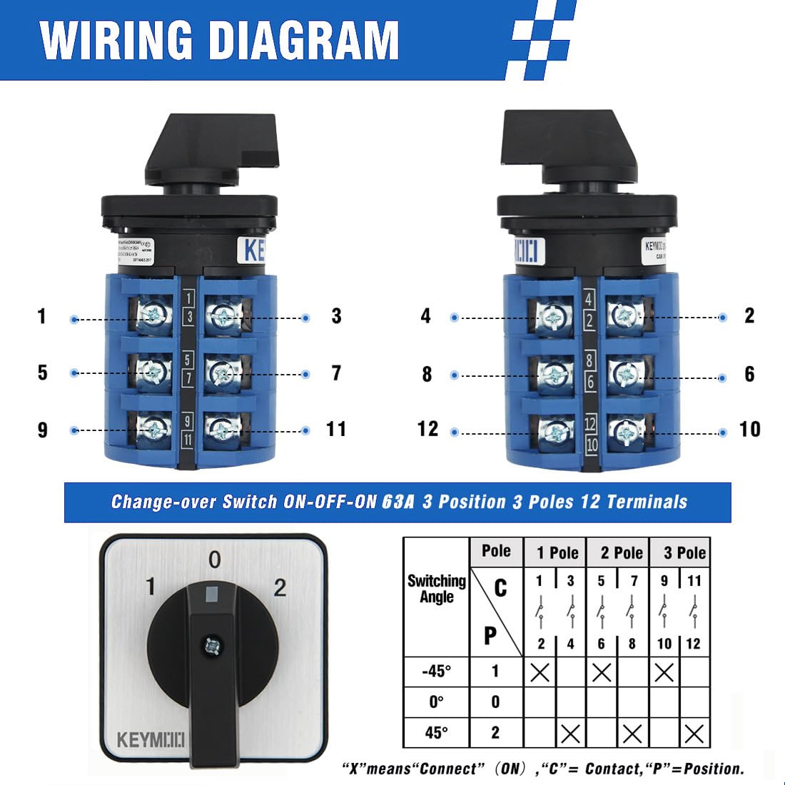 63A Rotary Change-Over Switch with Copper Cable Connector, 660V 3 Position 3 Pha
