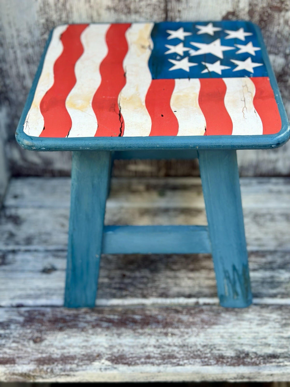 VTG Americana Theme Rustic American Flag Wood Foot/Stepping Stool Thailand
