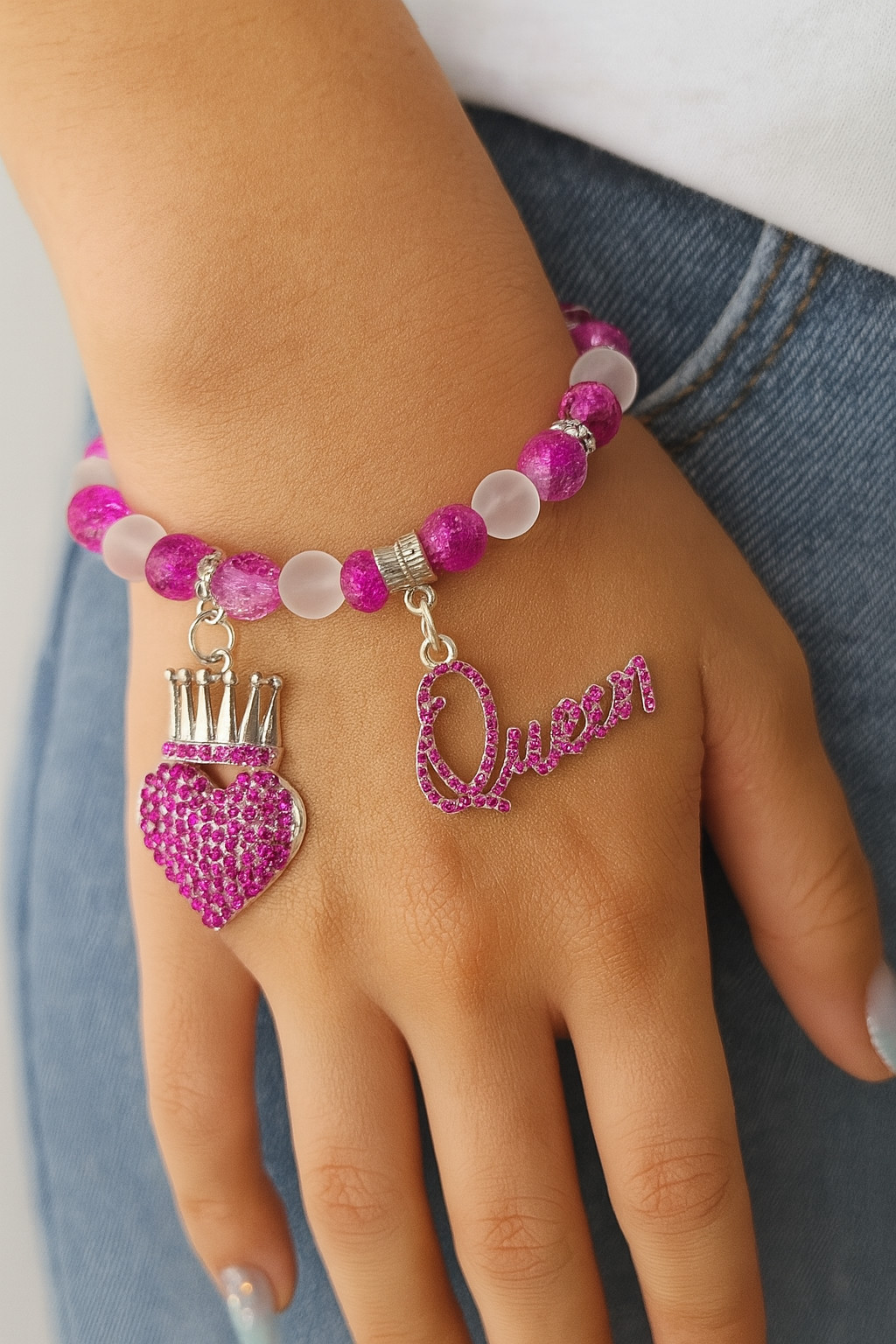 Handmade Pink Beaded Queen Charm Bracelet with Crown Heart Stretch Rhinestone