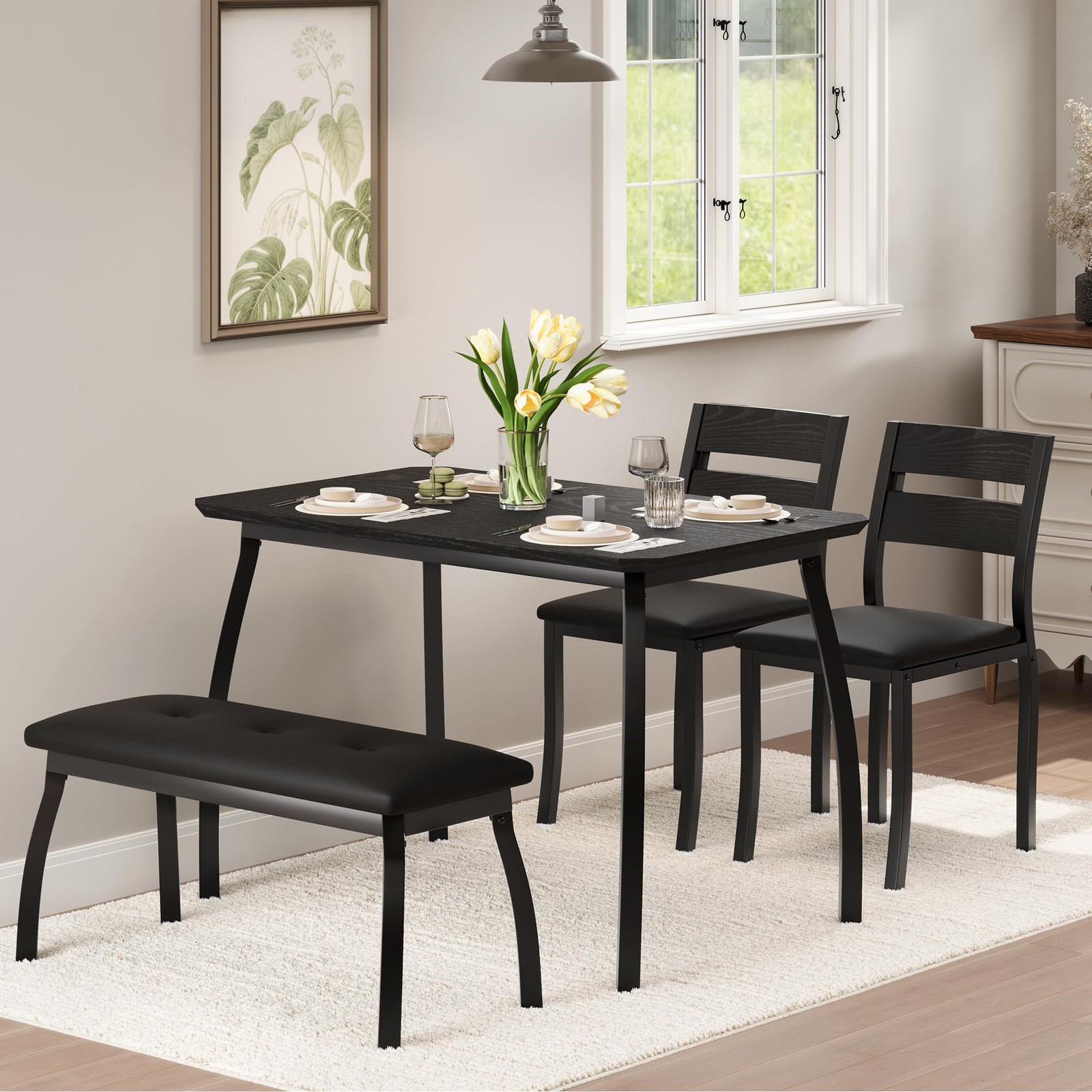 43 Inch 4 Piece Kitchen Table Set with Bench & 2 Cushion Chairs for Small Studio