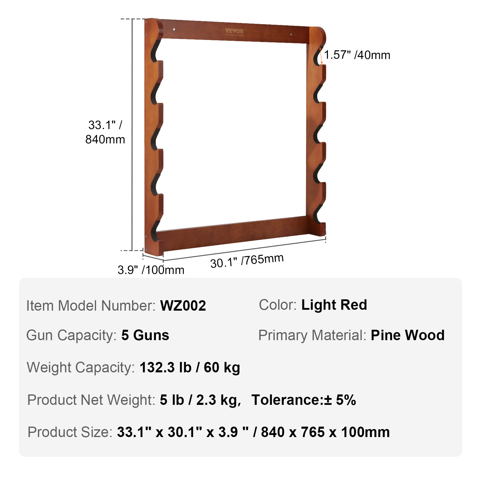 VEVOE Gun Rack 5-Slot Wood Gun Rack Wall Mount Gun Display Rack holds 5 Rifles