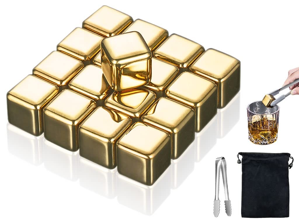 Kellegour 16 PCS Stainless Steel Whiskey Golden Ice Cubes,Gold 1 inch, Gold