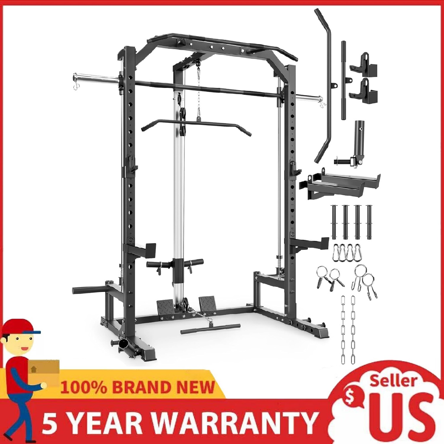 Smith Machine Power Cage w/ Barbell Bar, Cable System, LAT Pulldown for Home Gym