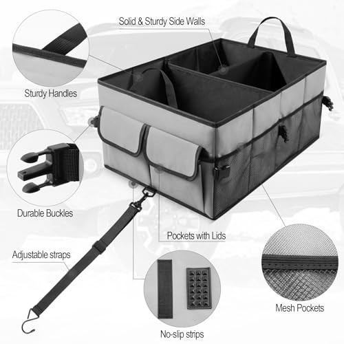UYYE Auto Collapsible Trunk Organizer, 3 Large Compartments and 6 Pockets Grey