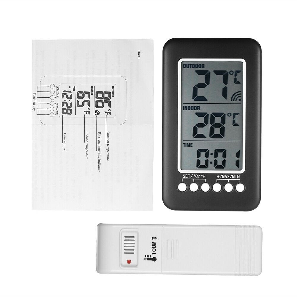 Digital LCD Thermometer Clock Wireless Indoor/Outdoor Temperature Meter Gauge
