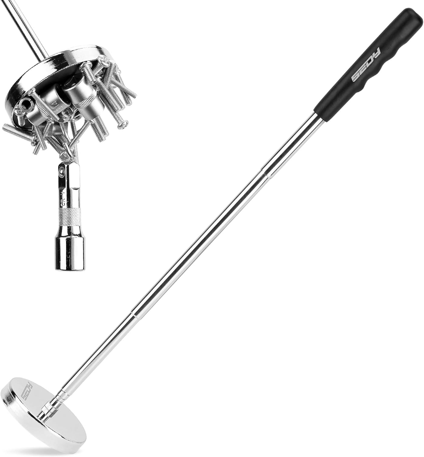 Telescoping Magnetic Sweeper Pickup Tool: Strong Magnet Pick Silver / Black