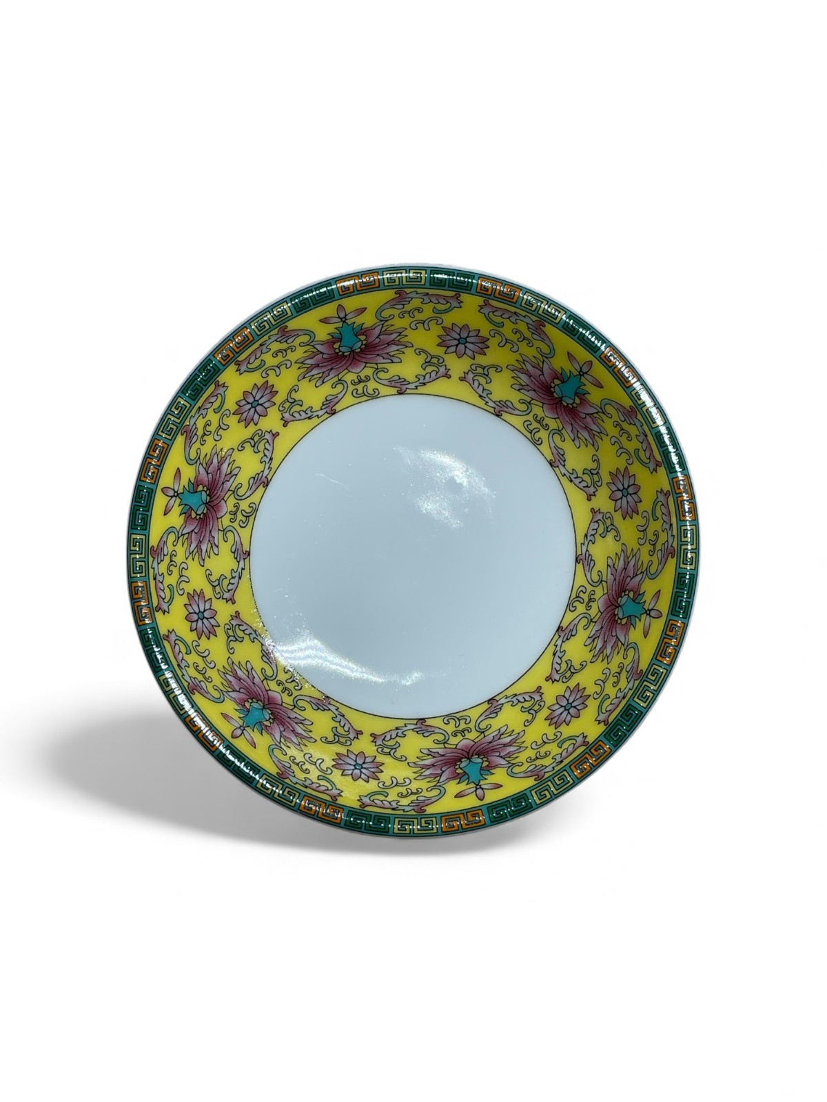 Yellow Rim Lotus Flower Pattern Ceramic Trinket Dish 4 inch Diameter