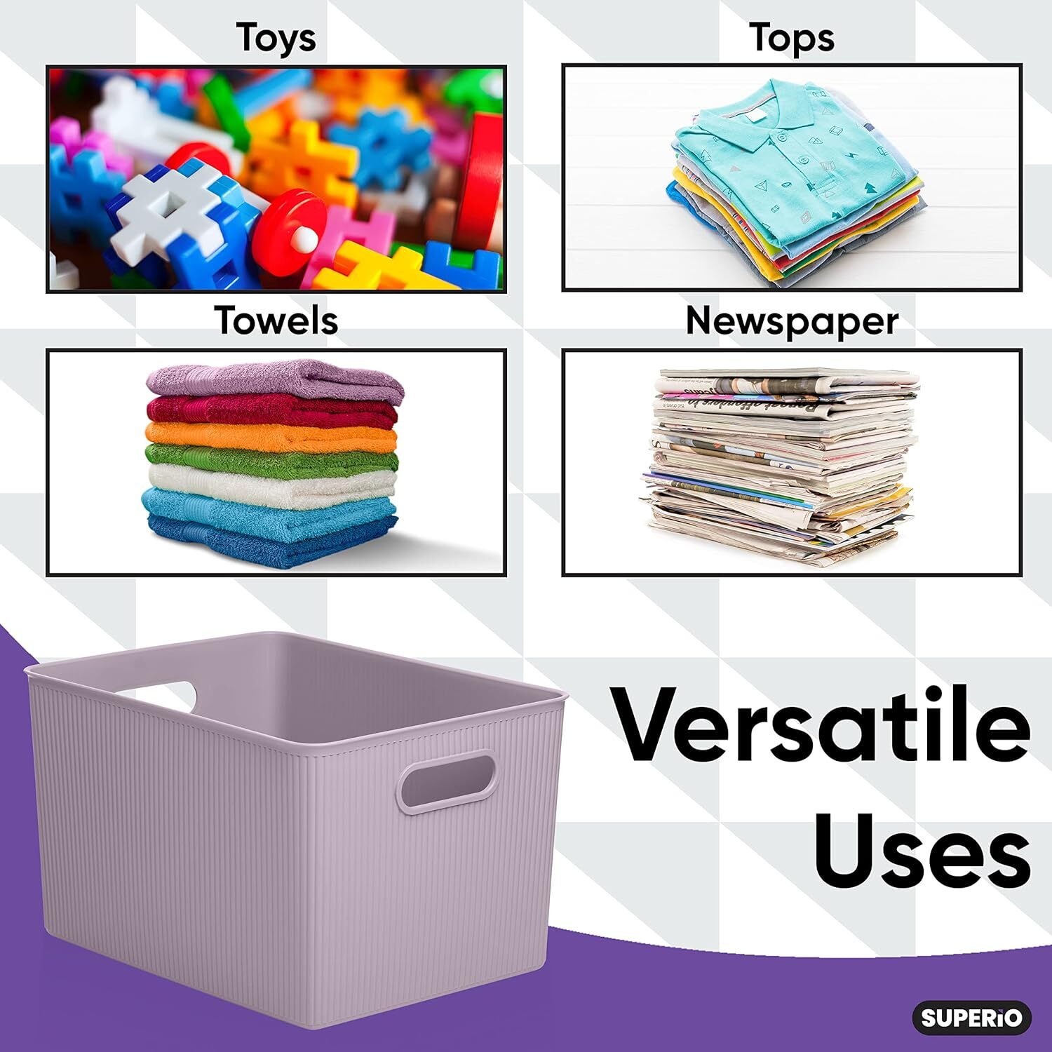 Superio 22L Large Ribbed Storage Bin- Plastic Storage Bin (8 Pack, Lilac)